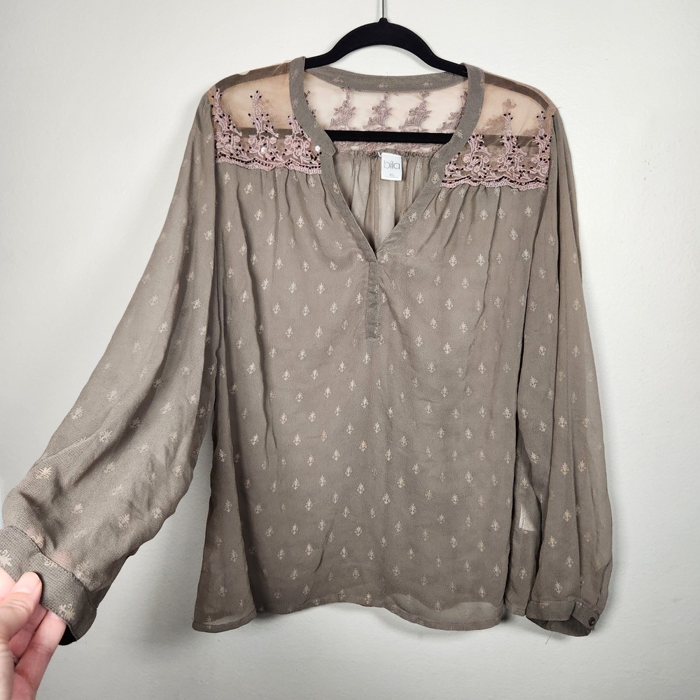 Bila Womens XL Brown Sheer Lace Beaded Detail Top‎ Romantic Boho Cottagecore